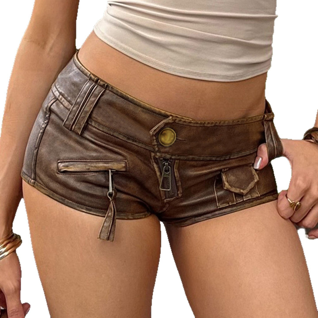 Damen Kunstleder-Shorts mit dekorativen Reißverschlüssen und stylischen Taschen Drune