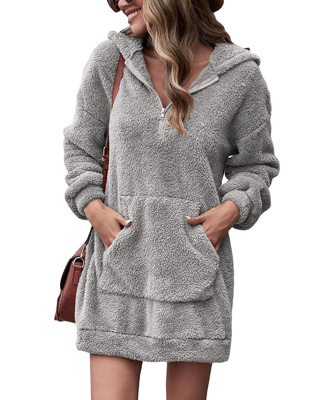 Damen Kuscheliger Hoodie-Kleid mit praktischen Taschen und halben Reißverschluss Drune