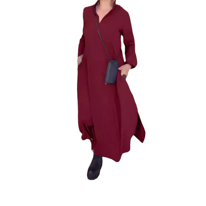 Damen nan fließendes Maxikleid mit V-Ausschnitt, kastiger A-Linie und langen Ärmeln Drune