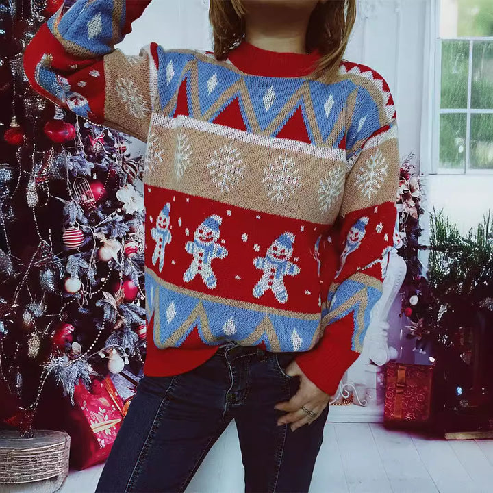 Damen Festlicher Strickpullover mit fröhlichem Weihnachtsmotiv und lässigem Schnitt Drune