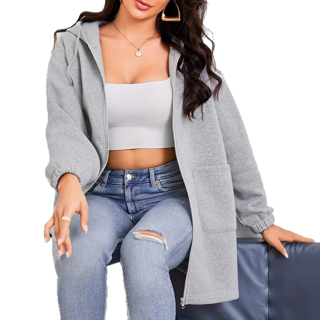 Damen nan Longline-Kapuzenjacke mit durchgehendem Reißverschluss, Kängurutaschen und elastischen Bündchen Drune