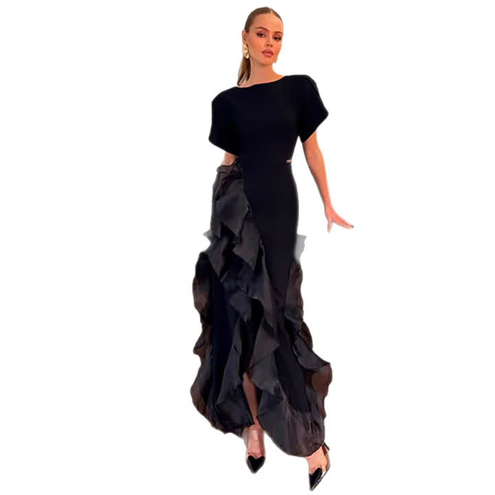 Damen elegantes Maxikleid mit fließenden Rüschen und schimmerndem Obermaterial Drune