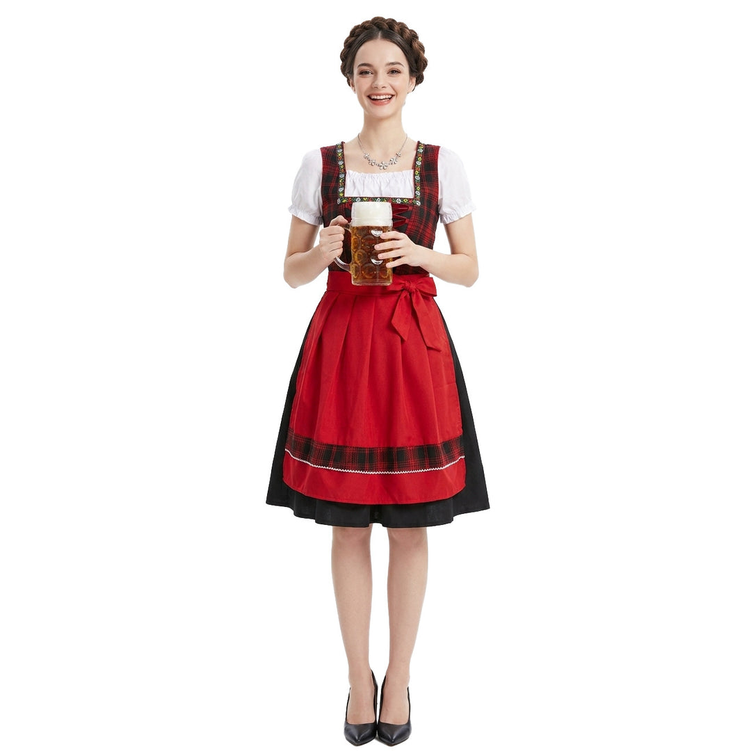 Damen nan traditionelles Dirndlkleid mit Schürze geschnürtem Mieder und kariertem Oberteil Drune