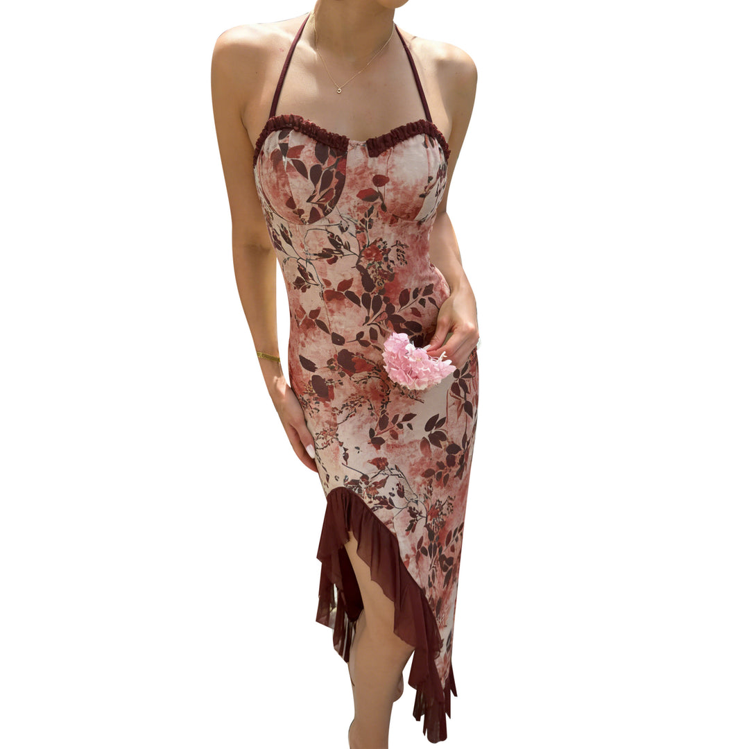Damen asymmetrisches Floral-Maxikleid mit zartem Rüschensaum und verführerischem Schnitt Drune
