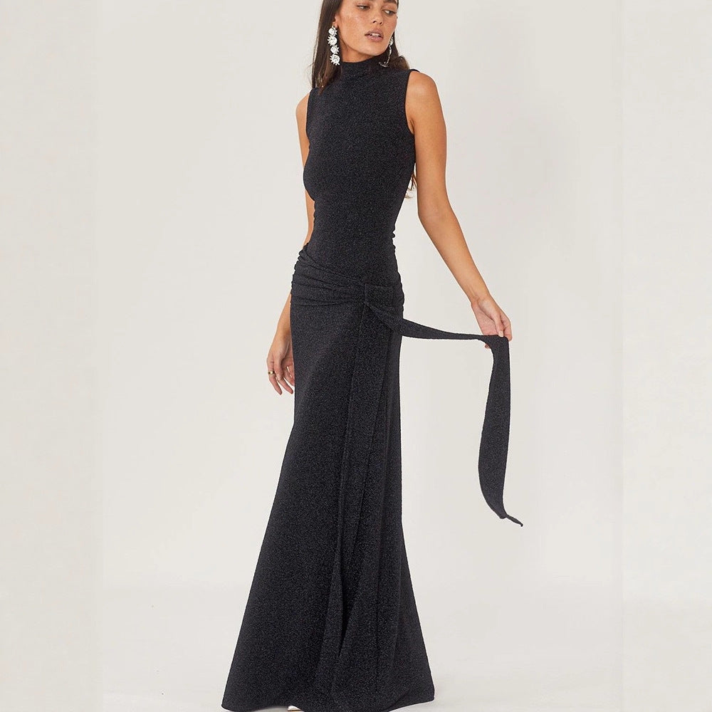 Damen Elegantes Maxikleid mit hochgeschlossenem Kragen und drapiertem Detail Drune