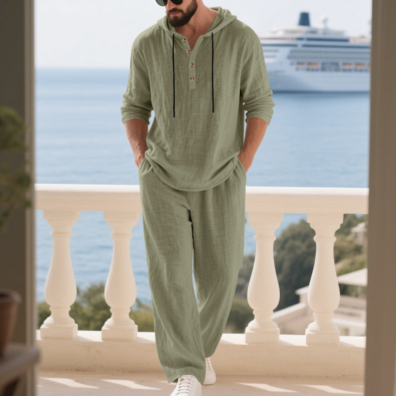 Herren nan lässiges Leinenzweiteiler-Set mit Kapuzenhemd im Henley-Stil und weiten Freizeit-Hosen Drune