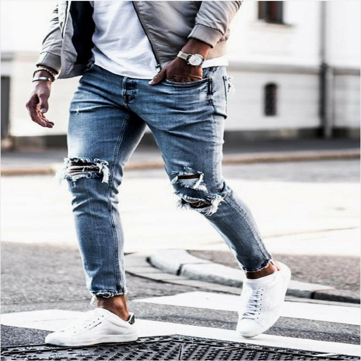 Herren Zerrissene Denim Slim-Fit Jeans mit modischen Waschungen Drune