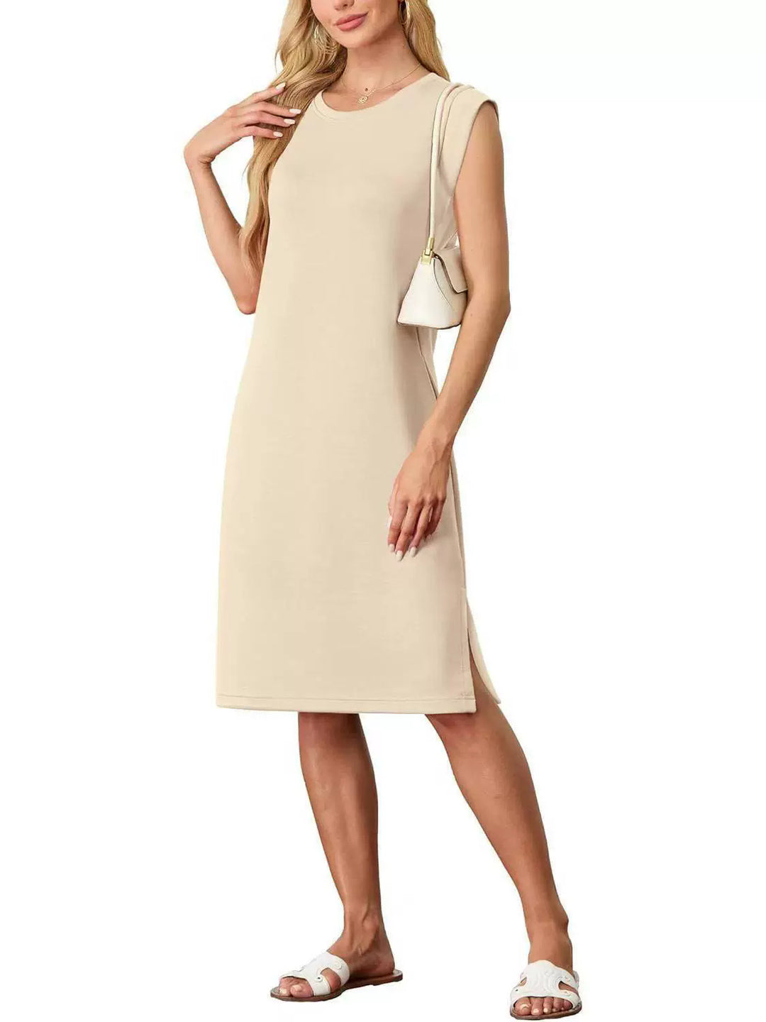 Damen Freizeitkleid mit eleganten Seitenschlitzen und Rundhalsausschnitt Drune