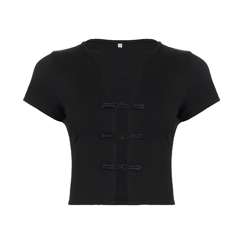Damen Kurzarm Oberteil mit edlen Knopfdetails Drune