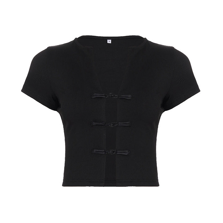 Damen Kurzarm Oberteil mit edlen Knopfdetails Drune