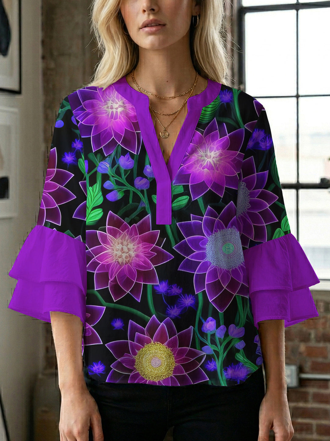 Damen Blusenshirt mit voluminösen Ärmeln und floralem Muster Drune