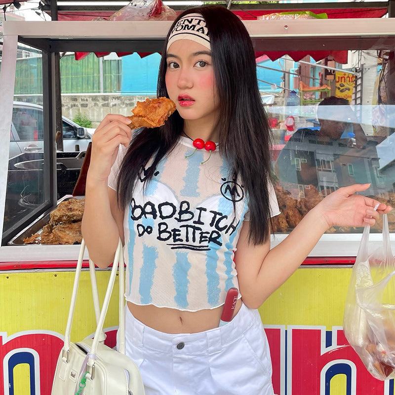 Damen Crop-Top mit kreativem Grafikdruck und figurbetontem Schnitt Drune