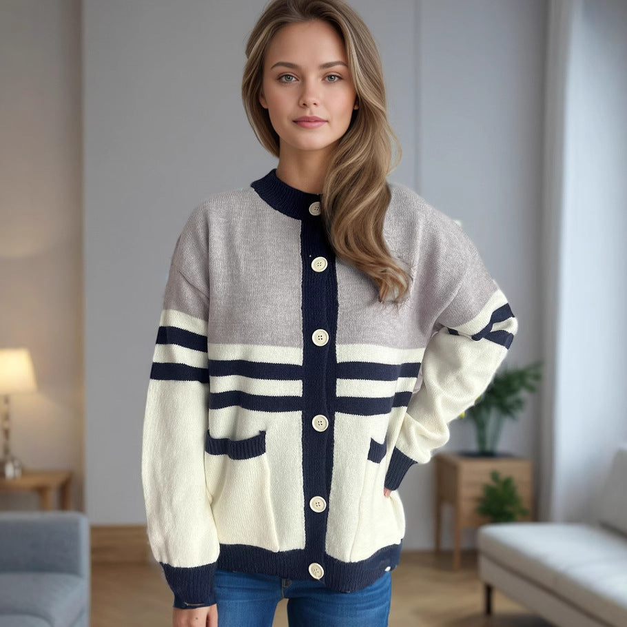 Damen Strickjacke mit modischen Streifen und praktischen Taschen Drune