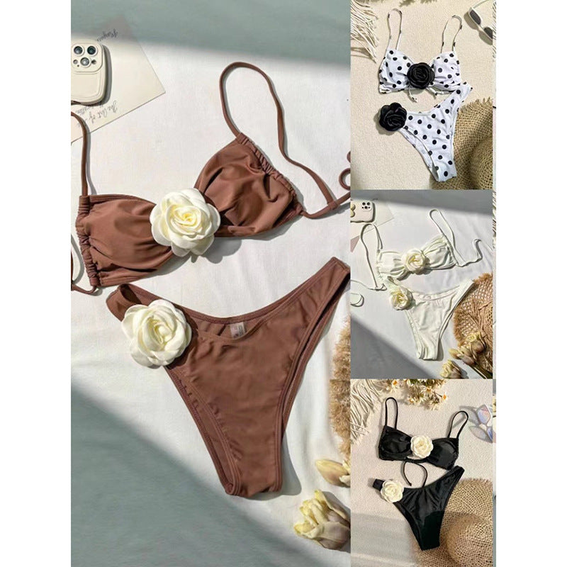 Damen Bikini-Set mit femininen Rüschendetails und zarten Blumenapplikationen Drune