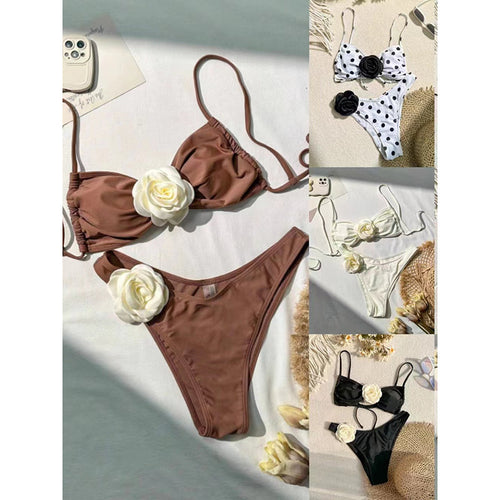 Damen Bikini-Set mit femininen Rüschendetails und zarten Blumenapplikationen Drune