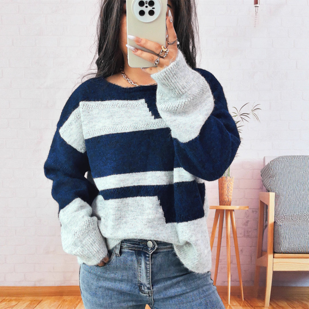 Damen gemütlicher Strickpullover mit modernen Blockstreifen Drune