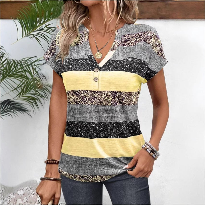 Damen nan gestreiftes Viskosemix-Relaxshirt mit V-Ausschnitt, Krempelärmeln und dekorativer Knopfleiste Drune