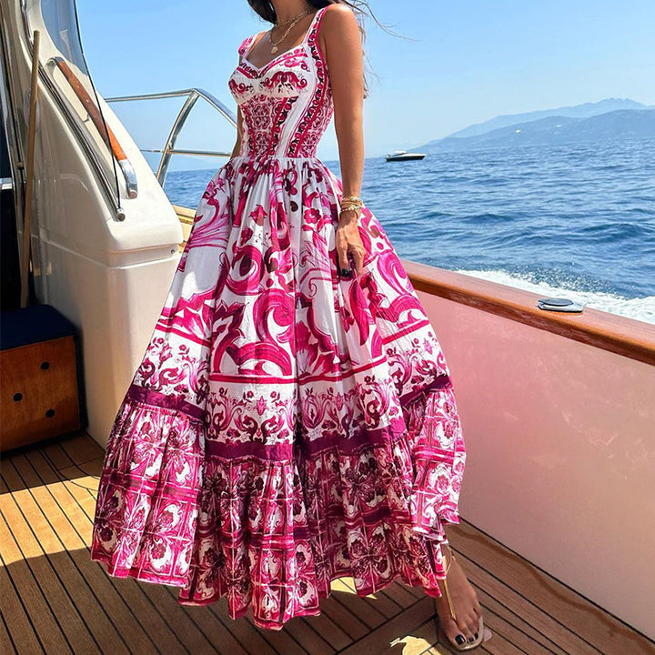 Damen Elegantes Maxikleid mit verspieltem Rüschendesign und üppigen Mustern Drune