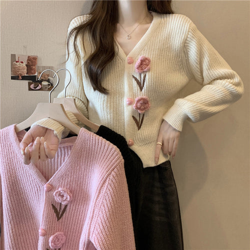 Damen Strickjacke mit floralen Applikationen Drune