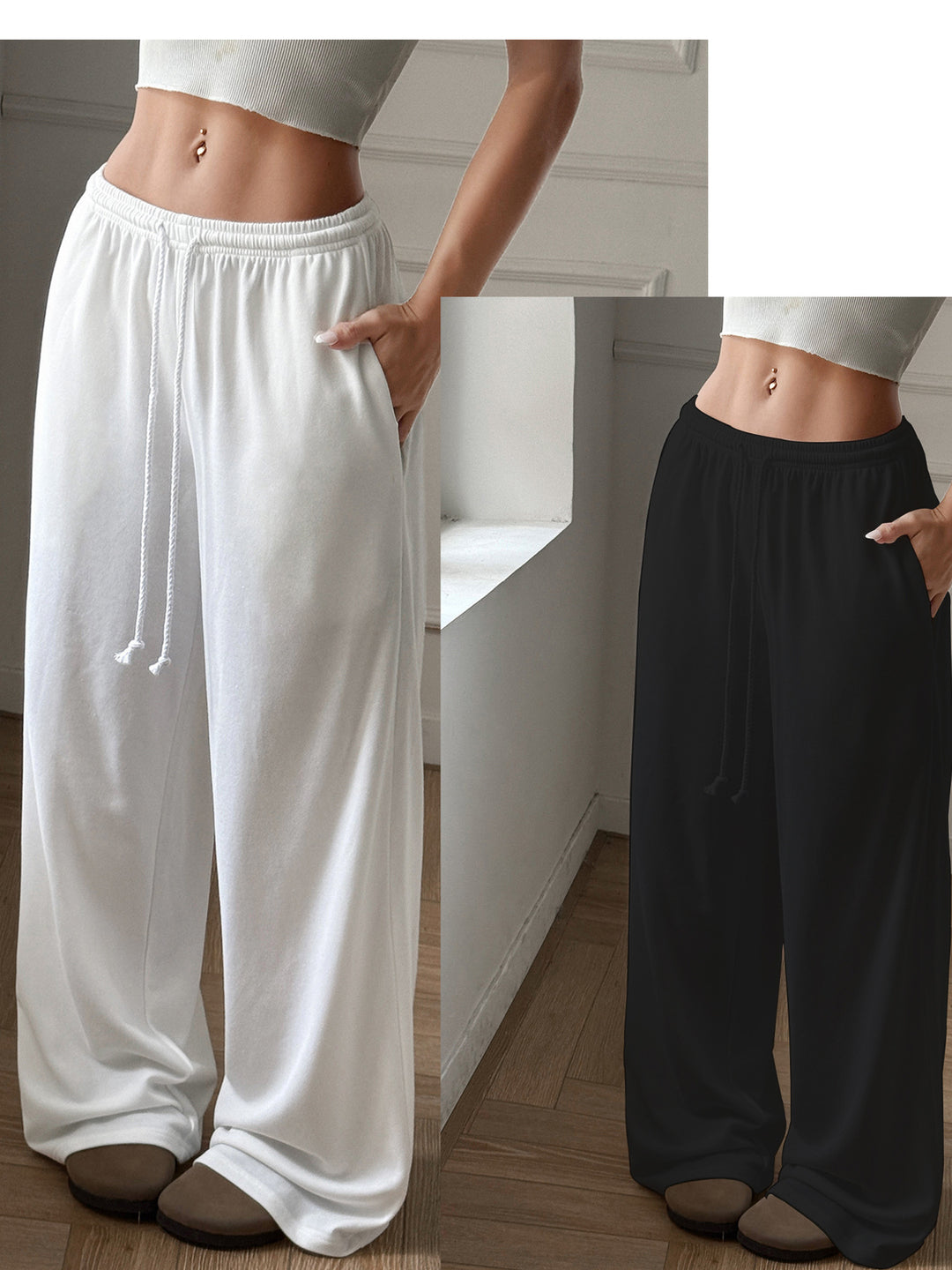 Damen entspannte Palazzo-Hose mit elastischem Bund und praktischen Seitentaschen Drune