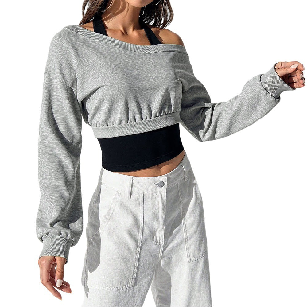 Damen cropped Sweatshirt mit offener Schulter und elastischem Bund Drune