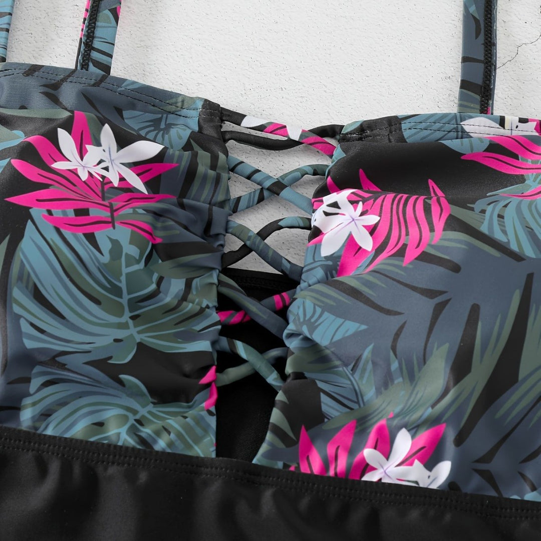 Damen Einteiler Badeanzug mit floralem Design und modernem Rückensystem Drune