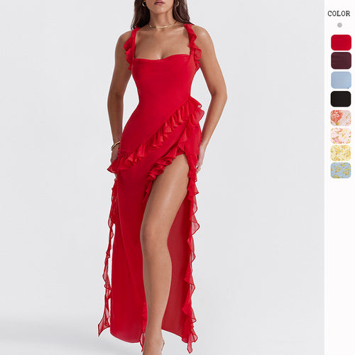 Damen Maxi-Kleid mit Rüschendetails und floralem Design Drune