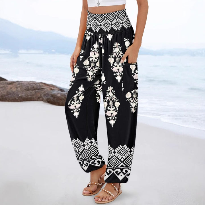 Damen weite Palazzo-Hose mit buntem Paisleymuster und elastischem Bund Drune