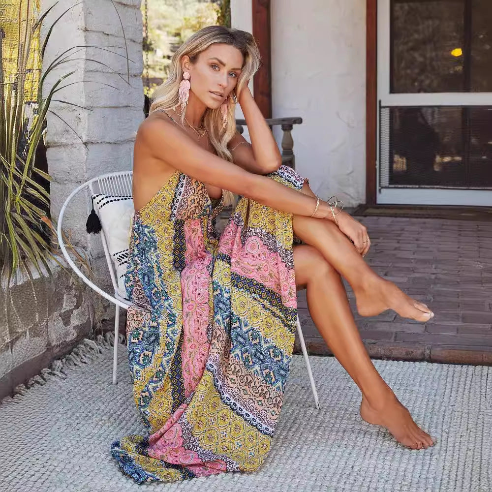 Damen Maxikleid mit einzigartigem Multi-Muster und verstellbaren Spaghettiträgern Drune