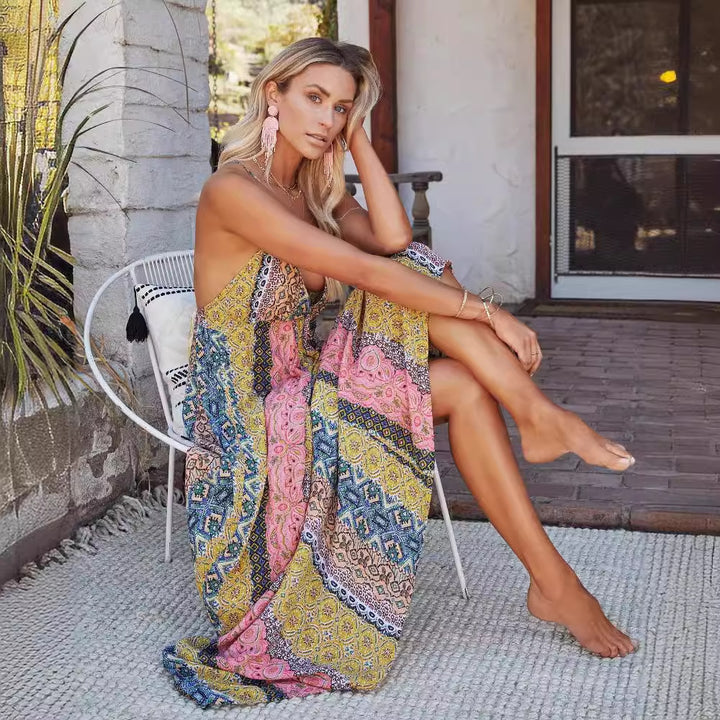 Damen Maxikleid mit einzigartigem Multi-Muster und verstellbaren Spaghettiträgern Drune
