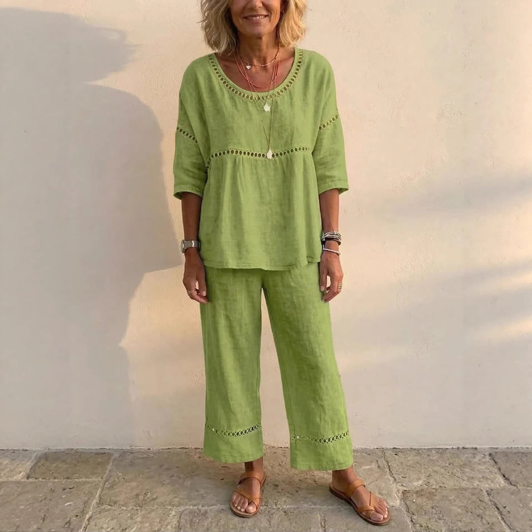 Damen Kompletter Loungewear-Anzug aus Leinen mit luftiger Passform und Spitzenakzenten Drune
