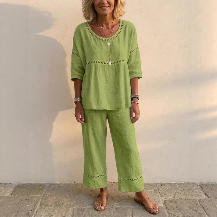 Damen Kompletter Loungewear-Anzug aus Leinen mit luftiger Passform und Spitzenakzenten Drune