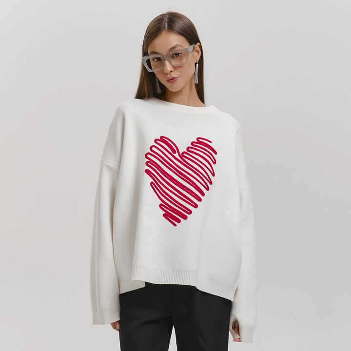 Damen Oversized Pullover mit Herzmotiv und entspanntem Schnitt Drune