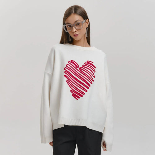 Damen Oversized Pullover mit Herzmotiv und entspanntem Schnitt Drune