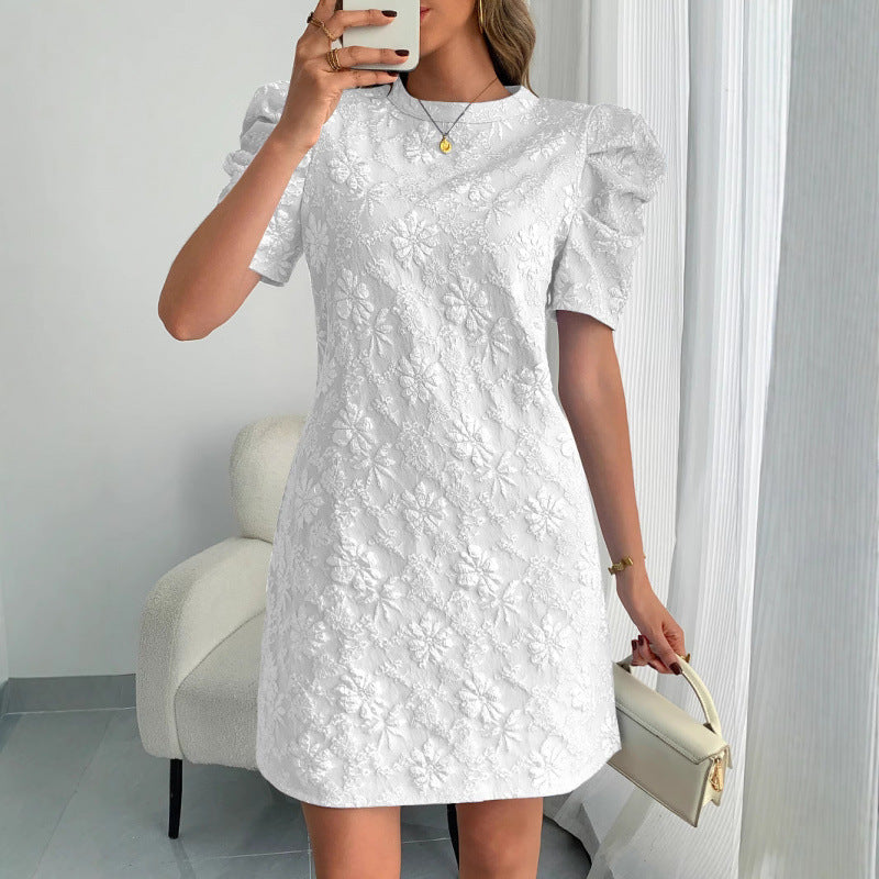 Damen Kurzarmkleid mit voluminiösen Ärmeln und floralen Stickereien Drune