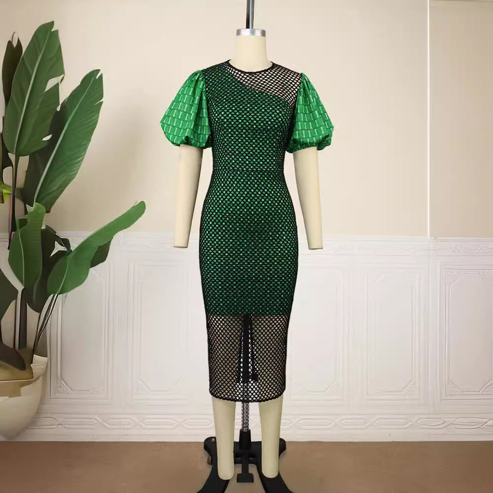 Damen figurbetontes Kleid mit innovativem Netzdesign und voluminösen Puffärmeln Drune