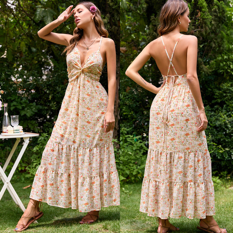 Damen Maxi-Kleid mit verführerischem V-Ausschnitt und fließendem Rock Drune