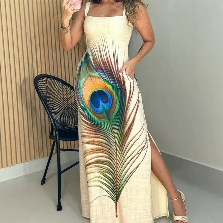 Damen Maxikleid mit grafischem Pfauenfeder-Druck und praktischen Seitentaschen Drune