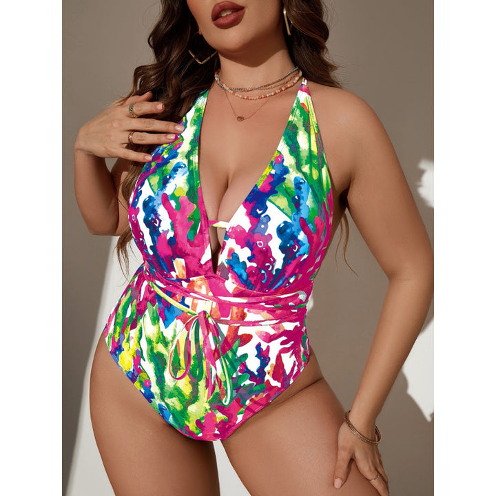 Damen Einteiler Badeanzug mit floralem Wickeldesign und verstellbarem Bindeband Drune