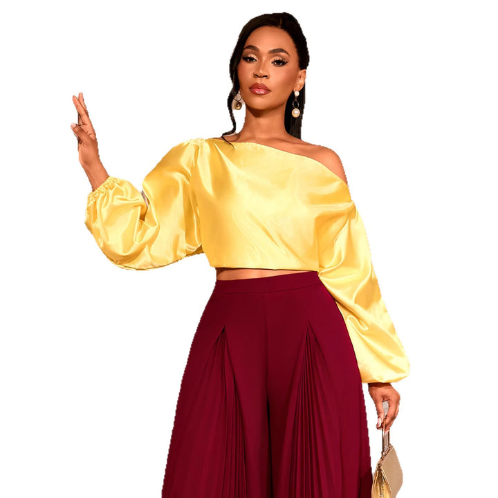 Damen elegantes asymmetrisches Oberteil mit voluminösen Puffärmeln Drune