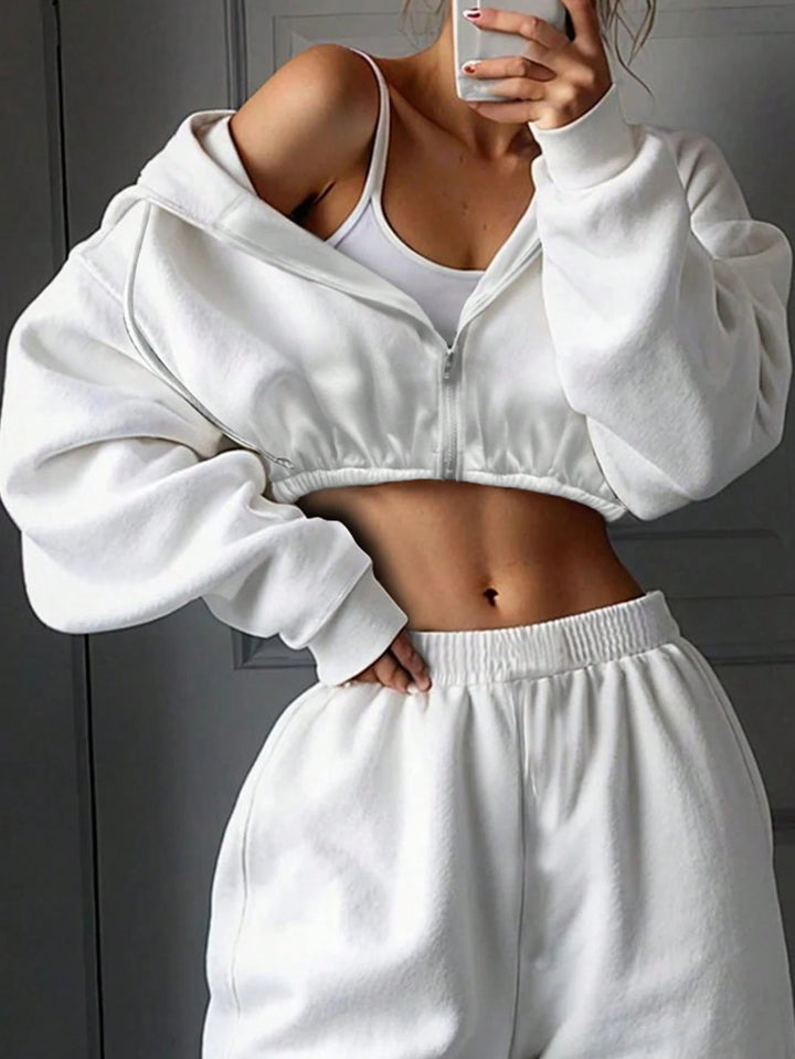 Damen nan kurzes Zip-Hoodie Cropped Sweatshirt mit Kordelzug, angesetzten Ballonärmeln und elastischem Saum Drune
