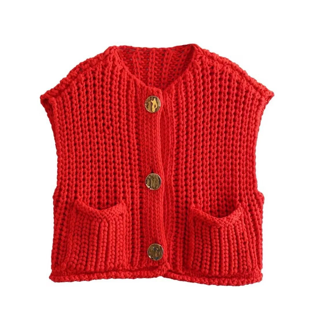 Damen modische Strickweste mit dekorativen Knopfdetails und praktischen Taschen Drune