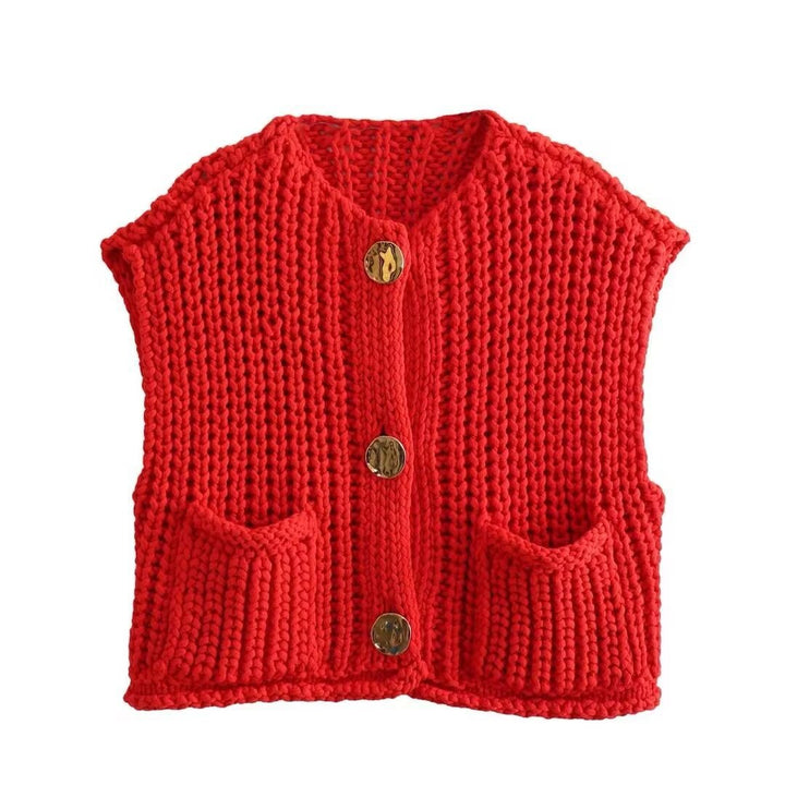 Damen modische Strickweste mit dekorativen Knopfdetails und praktischen Taschen Drune