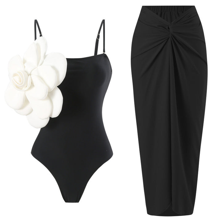 Damen Einteiler Badeanzug mit modischem Blumendesign und passendem Wickelrock Drune