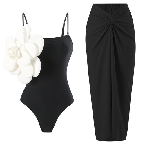 Damen Einteiler Badeanzug mit modischem Blumendesign und passendem Wickelrock Drune