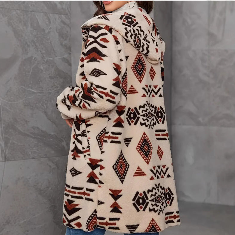 Damen Plüschjacke mit Ethno-Muster Drune