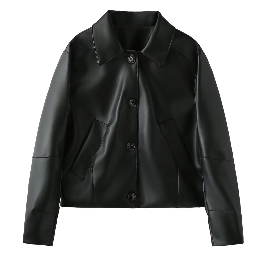 Damen Kunstlederjacke mit modernen Knopfdetails Drune