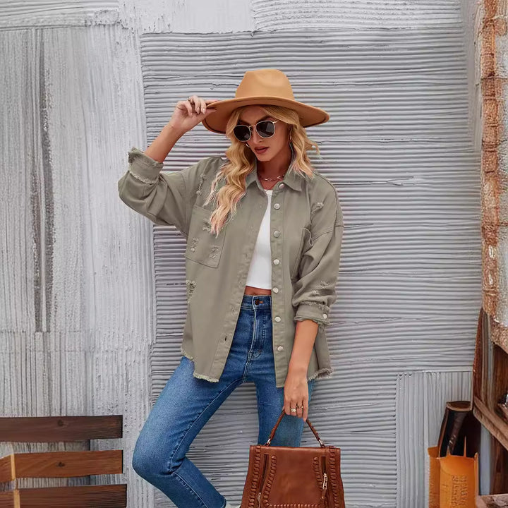 Damen Oversized Denimjacke mit Destroyed-Effekten Drune
