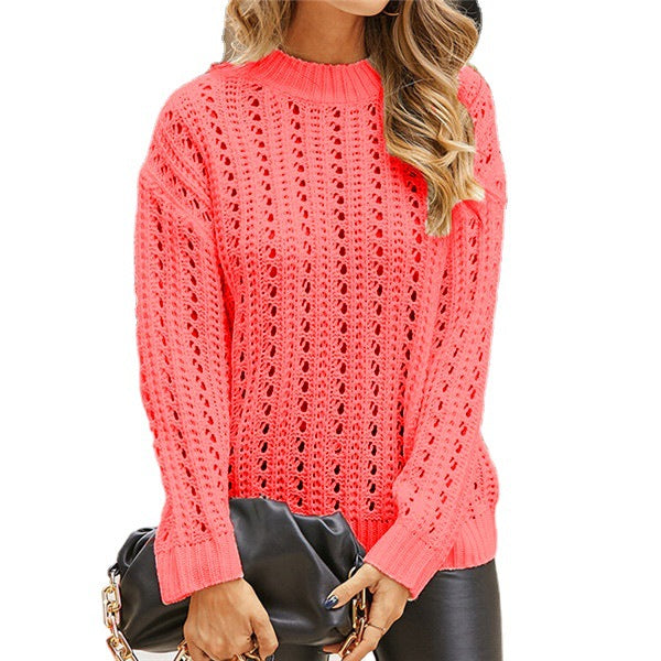 Damen luftiger Strickpullover mit Lochmuster und modernem Stehkragen Drune
