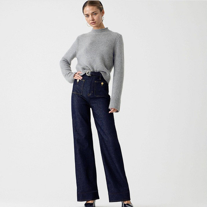 Damen nan High-Waist Wide-Leg-Jeans mit aufgesetzten Fronttaschen und weitem Bein Drune
